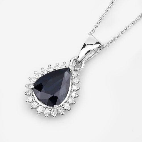 Bids.com 2.09 Carat Genuine Blue Sapphire and White Diamond 14K White Gold Pendant Pendants White Smoke