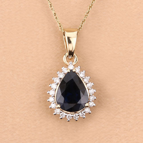 Bids.com 2.09 Carat Genuine Blue Sapphire and White Diamond 14K Yellow Gold Pendant Pendants Tan