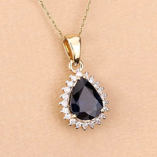 Bids.com 2.09 Carat Genuine Blue Sapphire and White Diamond 14K Yellow Gold Pendant Pendants Wheat