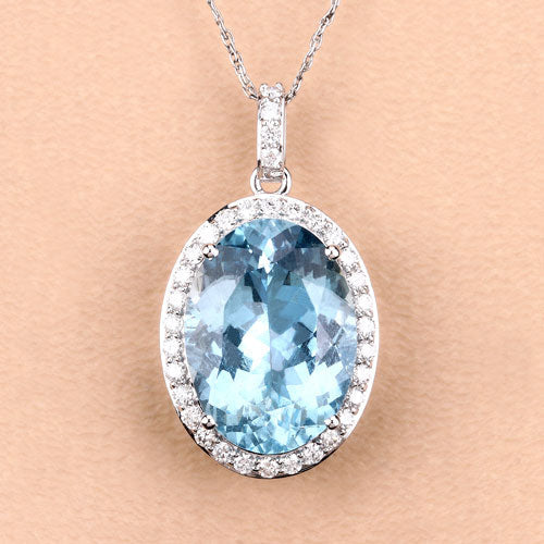 Bids.com 9.59 Carat Genuine Aquamarine and White Diamond 14K White Gold Pendant Pendants Peach Puff