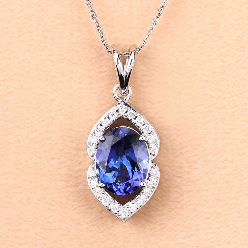 Bids.com 2.44 Carat Genuine Tanzanite and White Diamond 14K White Gold Pendant Pendants Peach Puff