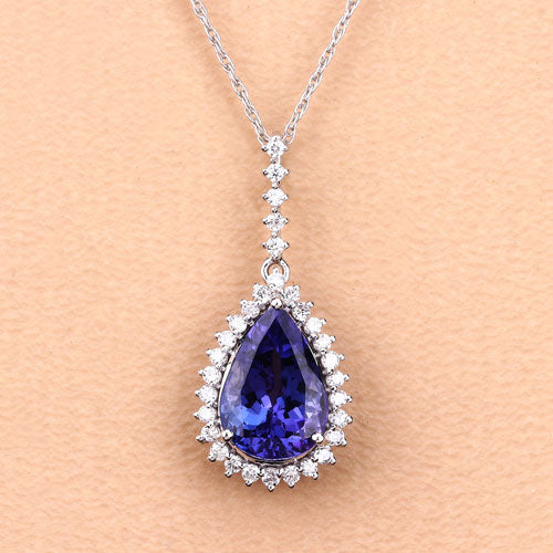 Bids.com 3.05 Carat Genuine Tanzanite and White Diamond 14K White Gold Pendant Pendants Navajo White