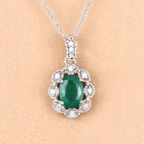 Bids.com 0.79 Carat Genuine Zambian Emerald and White Diamond 10K White Gold Pendant Pendants Navajo White