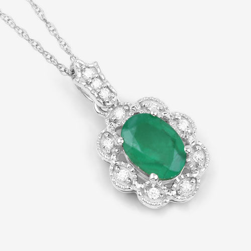 Bids.com 0.79 Carat Genuine Zambian Emerald and White Diamond 10K White Gold Pendant Pendants White Smoke