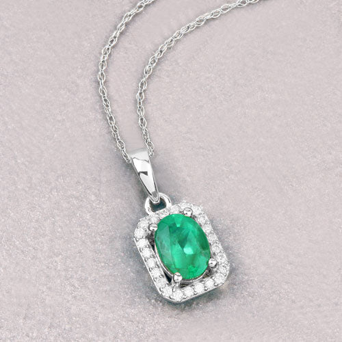 Bids.com 0.83 Carat Genuine Zambian Emerald and White Diamond 10K White Gold Pendant Pendants Light Gray