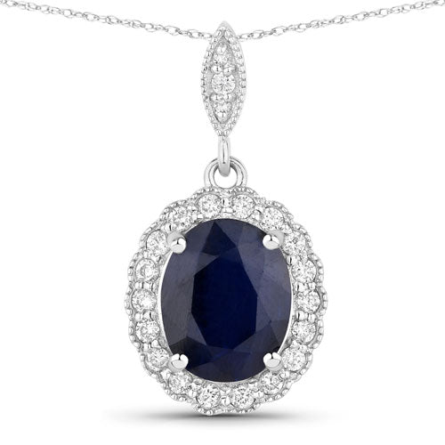 Bids.com 3.38 Carat Genuine Blue Sapphire and White Diamond 14K White Gold Pendant Pendants White Smoke Default Title