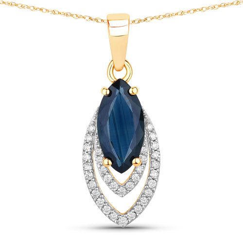 Bids.com 1.42 Carat Genuine Blue Sapphire and White Diamond 14K Yellow Gold Pendant Pendants White Smoke Default Title