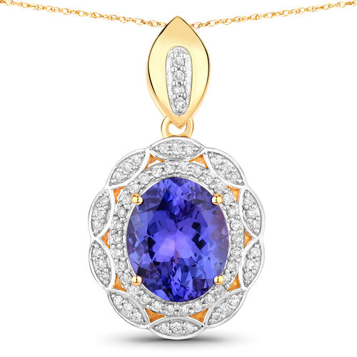 Bids.com 4.13 Carat Genuine Tanzanite and White Diamond 14K Yellow Gold Pendant Pendants White Smoke Default Title