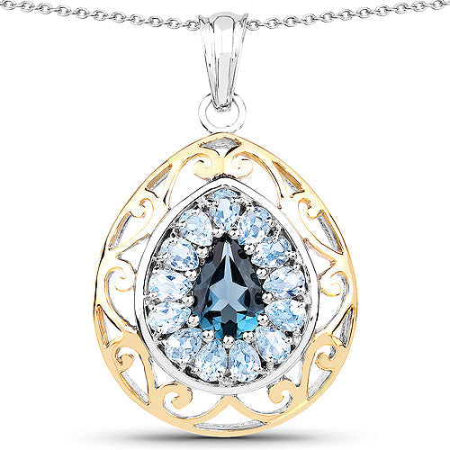 Bids.com 18K Yellow Gold Plated 4.44 Carat Genuine London Blue Topaz and Blue Topaz .925 Sterling Silver Pendant Pendants White Smoke Default Title