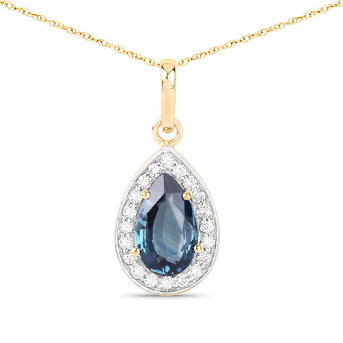 Bids.com 1.53 Carat Genuine Greenish Blue Sapphire and White Diamond 14K Yellow Gold Pendant Pendants White Smoke Default Title