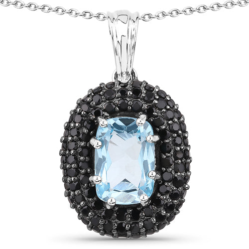Bids.com 6.70 Carat Genuine Blue Topaz and Black Spinel .925 Sterling Silver Pendant Pendants White Smoke Default Title