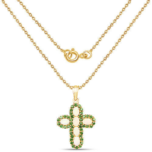 Bids.com 14K Yellow Gold Plated 3.11 Carat Genuine Ethiopian Opal and Chrome Diopside .925 Sterling Silver Pendant Pendants White Smoke