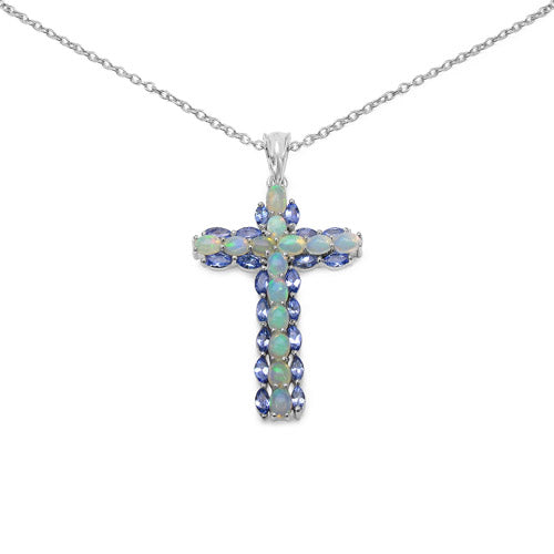 Bids.com 3.32 Carat Genuine Ethiopian Opal and Tanzanite .925 Sterling Silver Pendant Pendants White Smoke Default Title