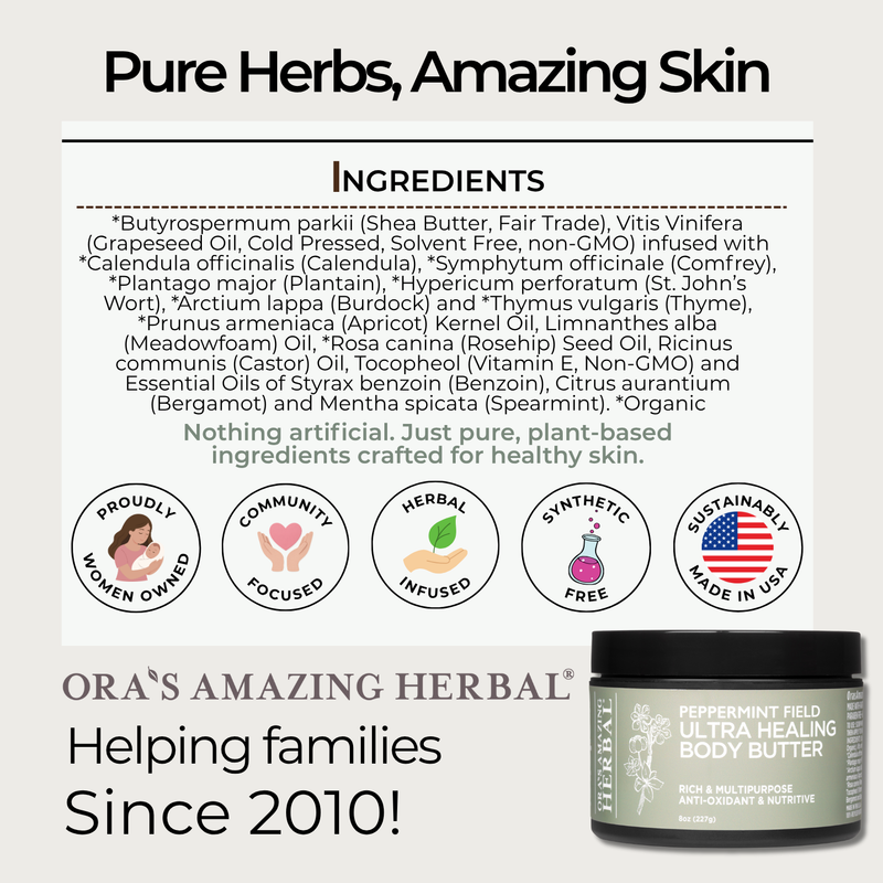 Ora's Amazing Herbal Ultra Healing Body Butter, Peppermint Field White Smoke 1oz Mini,2oz Travel,8oz