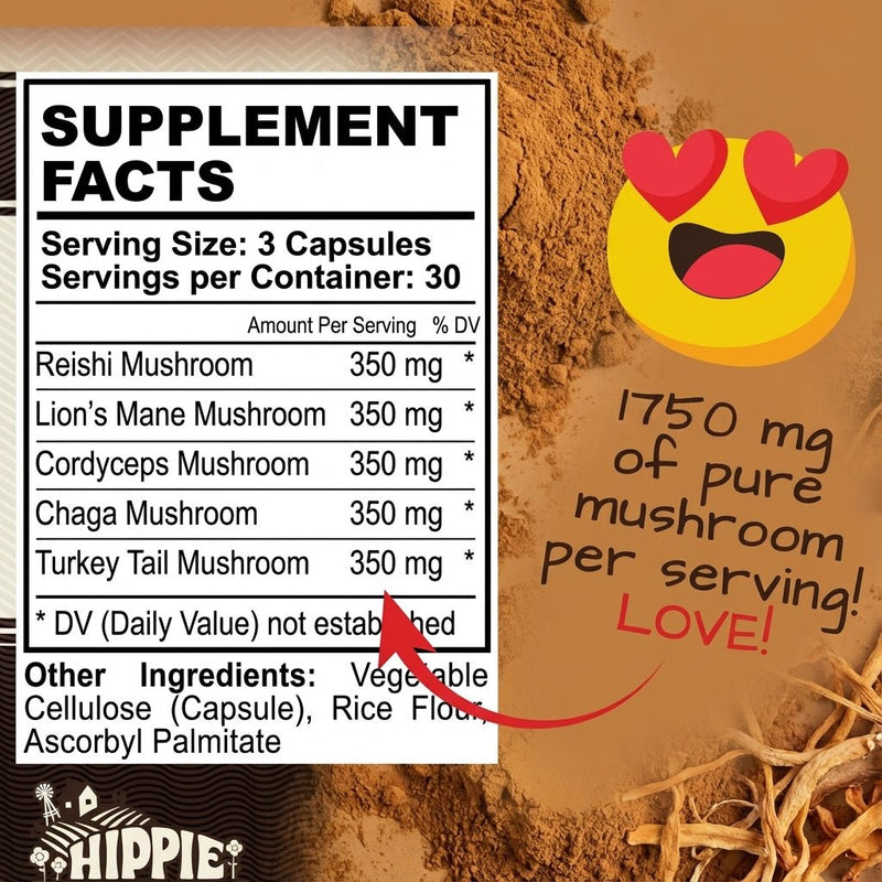 Hippie Farms Premium Immunity, Gut Health, and Brain Cognition Formula - 5 Mushrooms Reserve Blend Vitamins & Supplements White Smoke
