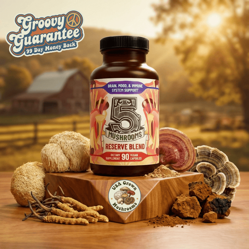 Hippie Farms Premium Immunity, Gut Health, and Brain Cognition Formula - 5 Mushrooms Reserve Blend Vitamins & Supplements Antique White
