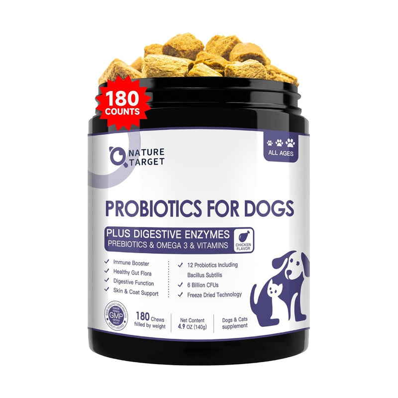 Nature Target Chicken flavor Probiotics for Dogs & Cats, 6 Billion CFUs, 180 Chews Pet Vitamins Supplements White Smoke