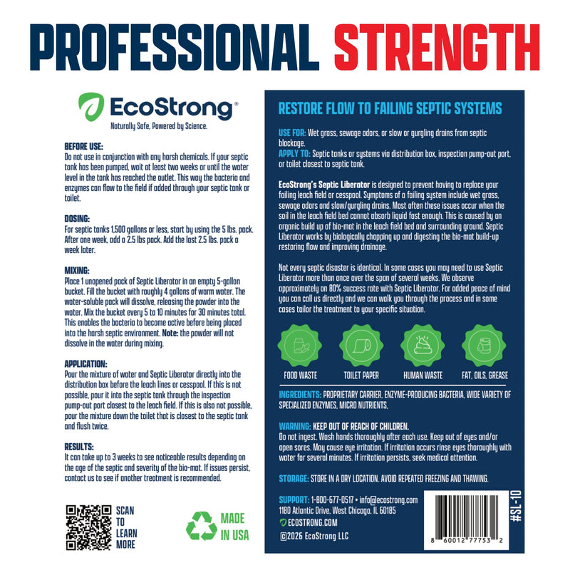 EcoStrong Septic Liberator Drain & Septic > Septic System Emergencies White Smoke 10 lbs Packs,7 and 1 half lbs Pail Powder,30 lbs Bucket Powder,1 Gallon Jug Liquid,2 Gallon Jug Liquid