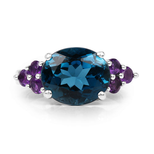 Bids.com 6.60 Carat Genuine London Blue Topaz & Amethyst .925 Sterling Silver Ring Rings White Smoke size 6.00,size 7.00,size 8.00,size 9.00