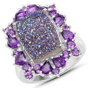 Bids.com 5.97 Carat Genuine Drusy Quartz and Amethyst .925 Sterling Silver Ring Rings White Smoke size 7.00,size 6.00,size 8.00,size 9.00