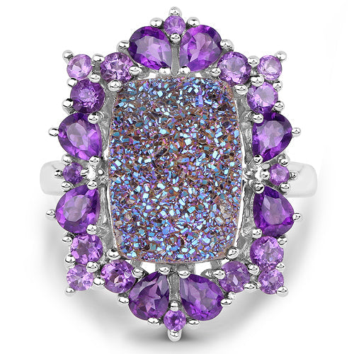 Bids.com 5.97 Carat Genuine Drusy Quartz and Amethyst .925 Sterling Silver Ring Rings White Smoke size 7.00,size 6.00,size 8.00,size 9.00