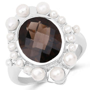 Bids.com 5.75 Carat Genuine Smoky Quartz and Pearl .925 Sterling Silver Ring Rings White Smoke size 7.00,size 6.00,size 8.00,size 9.00