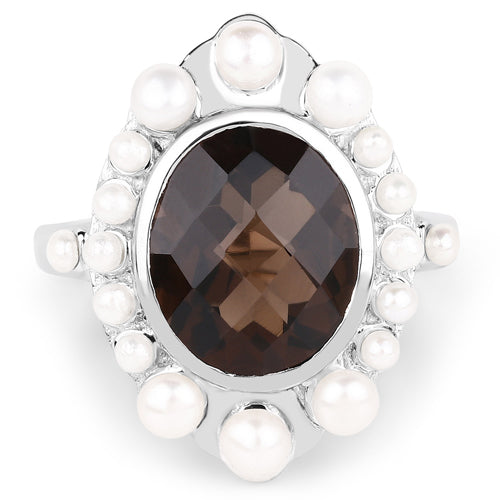 Bids.com 5.75 Carat Genuine Smoky Quartz and Pearl .925 Sterling Silver Ring Rings White Smoke size 7.00,size 6.00,size 8.00,size 9.00