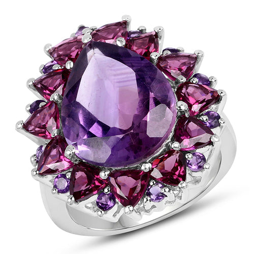 Bids.com 11.22 Carat Genuine Amethyst & Rhodolite .925 Sterling Silver Ring Rings White Smoke size 7.00,size 6.00,size 8.00,size 9.00,size 5.00