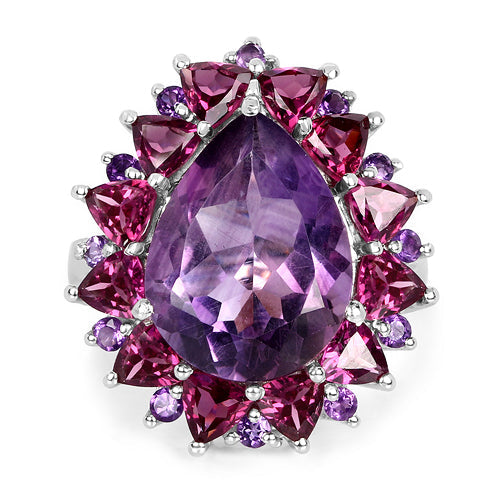 Bids.com 11.22 Carat Genuine Amethyst & Rhodolite .925 Sterling Silver Ring Rings White Smoke size 7.00,size 6.00,size 8.00,size 9.00,size 5.00