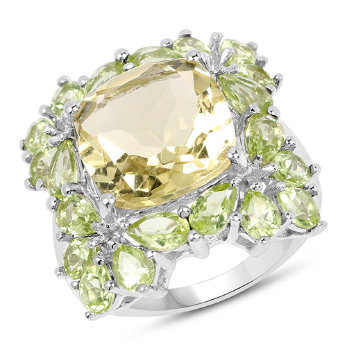Bids.com 9.38 Carat Genuine Lemon Quartz & Peridot .925 Sterling Silver Ring Rings White Smoke size 7.00,size 6.00,size 8.00,size 9.00,size 5.00