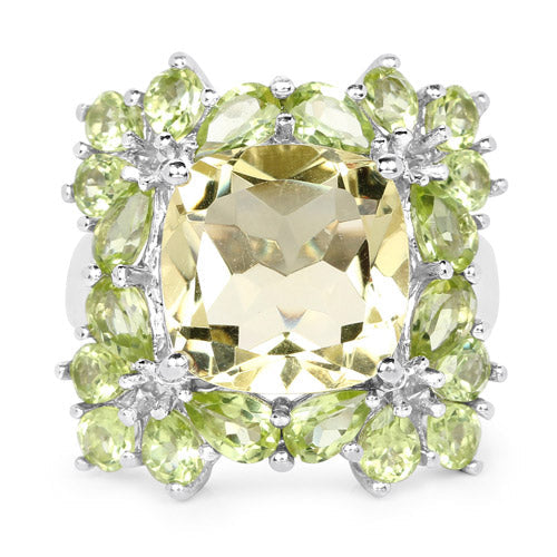 Bids.com 9.38 Carat Genuine Lemon Quartz & Peridot .925 Sterling Silver Ring Rings White Smoke size 7.00,size 6.00,size 8.00,size 9.00,size 5.00