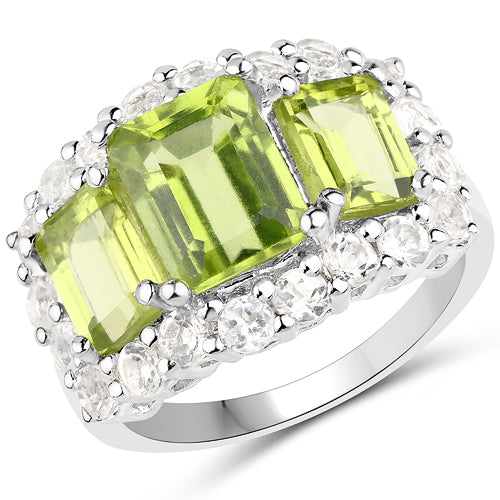 Bids.com 6.00 Carat Genuine Peridot and White Topaz .925 Sterling Silver Ring Rings White Smoke size 6.00,size 7.00,size 8.00,size 9.00,size 5.00