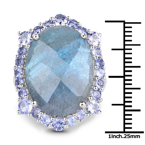 Bids.com 13.99 Carat Genuine Labradorite and Tanzanite .925 Sterling Silver Ring Rings White Smoke size 8.00,size 10.00,size 11.00,size 12.00,size 6.00,size 7.00,size 9.00
