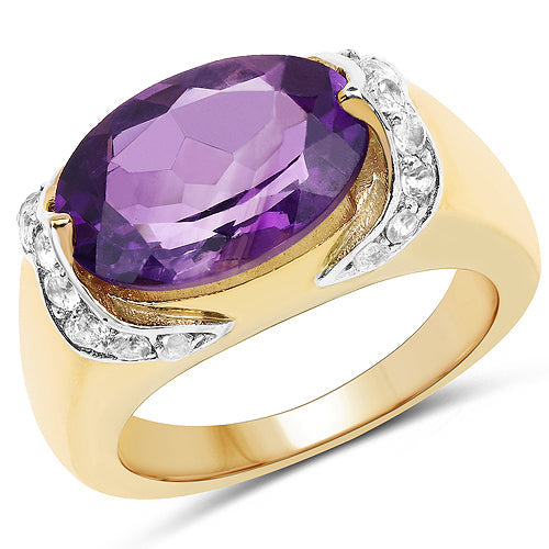 Bids.com 14K Yellow Gold Plated 4.98 Carat Genuine Amethyst and White Topaz .925 Sterling Silver Ring Rings White Smoke size 6.00,size 7.00,size 8.00,size 9.00