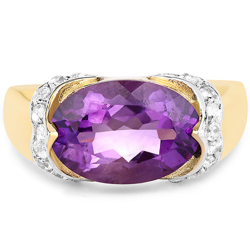 Bids.com 14K Yellow Gold Plated 4.98 Carat Genuine Amethyst and White Topaz .925 Sterling Silver Ring Rings White Smoke size 6.00,size 7.00,size 8.00,size 9.00