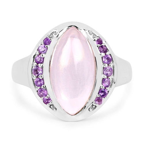 Bids.com 3.57 Carat Genuine Rose Quartz And Amethyst .925 Sterling Silver Ring Rings White Smoke size 6.00,size 7.00,size 8.00,size 9.00
