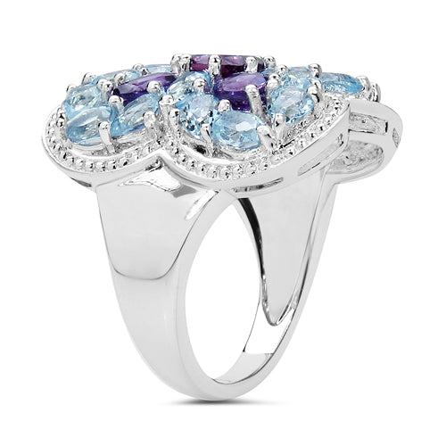 Bids.com 5.53 Carat Genuine Amethyst & Blue Topaz .925 Sterling Silver Ring Rings White Smoke size 7.00,size 6.00,size 8.00,size 5.00,size 9.00