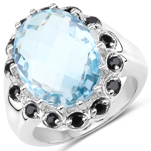 Bids.com 12.49 Carat Genuine Blue Topaz & Black Spinel .925 Sterling Silver Ring Rings White Smoke size 6.00,size 7.00,size 8.00,size 9.00,size 5.00