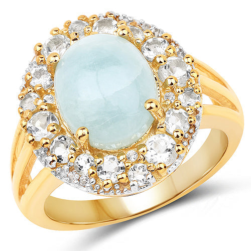 Bids.com 14K Yellow Gold Plated 6.72 Carat Genuine Aquamarine and White Topaz .925 Sterling Silver Ring Rings White Smoke size 6.00,size 7.00,size 8.00,size 9.00
