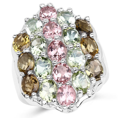Bids.com 6.74 Carat Genuine Brown Tourmaline, Pink Tourmaline & Green Tourmaline .925 Sterling Silver Ring Rings White Smoke size 6.00,size 7.00,size 8.00,size 12.00,size 9.00,size 10.00,size 11.00