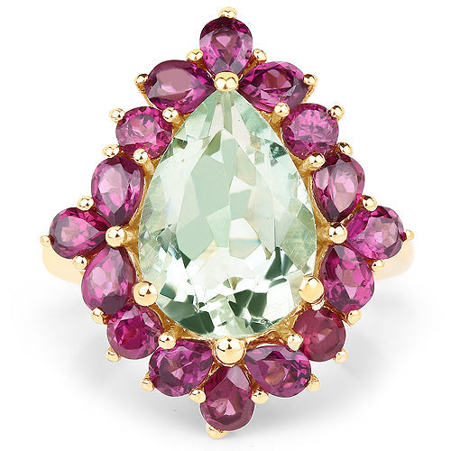 Bids.com 14K Yellow Gold Plated 7.21 Carat Genuine Green Amethyst and Rhodolite .925 Sterling Silver Ring Rings White Smoke size 6.00,size 7.00,size 8.00,size 5.00,size 9.00