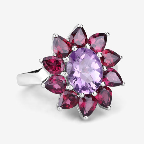 Bids.com 5.65 Carat Genuine Amethyst and Rhodolite .925 Sterling Silver Ring Rings White Smoke size 7.00,size 8.00,size 6.00,size 9.00,size 5.00,size 10.00