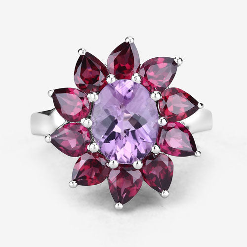 Bids.com 5.65 Carat Genuine Amethyst and Rhodolite .925 Sterling Silver Ring Rings White Smoke size 7.00,size 8.00,size 6.00,size 9.00,size 5.00,size 10.00