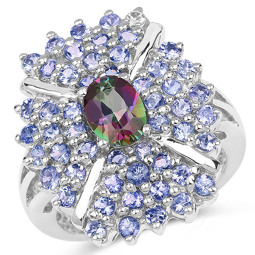 Bids.com 2.86 Carat Genuine Mystic Topaz and Tanzanite .925 Sterling Silver Ring Rings White Smoke size 7.50,size 8.00,size 6.00,size 7.00,size 9.00