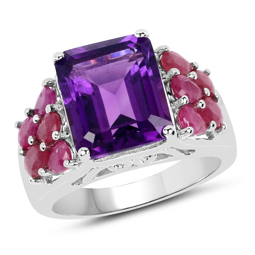Bids.com 6.65 Carat Genuine Amethyst and Ruby .925 Sterling Silver Ring Rings White Smoke size 7.00,size 5.00,size 6.00,size 8.00,size 9.00