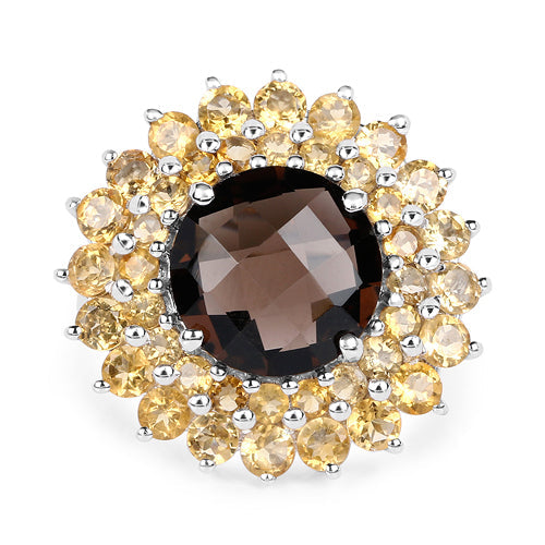 Bids.com 8.56 Carat Genuine Smoky Quartz & Citrine .925 Sterling Silver Ring Rings White Smoke size 6.00,size 7.00,size 8.00,size 9.00,size 5.00