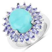 Bids.com 6.10 Carat Genuine Larimar and Tanzanite .925 Sterling Silver Ring Rings White Smoke size 5.00,size 6.00,size 7.00,size 8.00,size 9.00