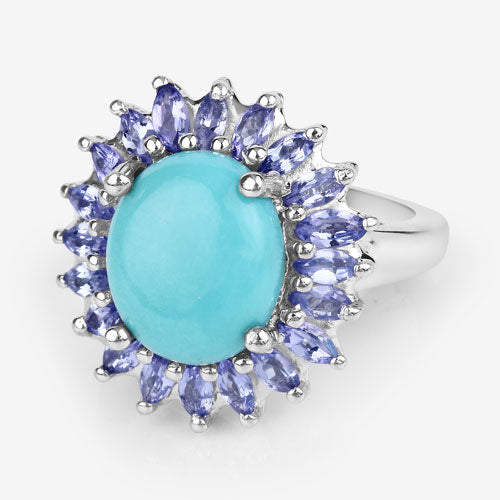 Bids.com 6.10 Carat Genuine Larimar and Tanzanite .925 Sterling Silver Ring Rings White Smoke size 5.00,size 6.00,size 7.00,size 8.00,size 9.00