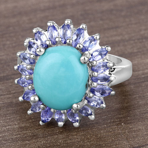 Bids.com 6.10 Carat Genuine Larimar and Tanzanite .925 Sterling Silver Ring Rings Dim Gray size 5.00,size 6.00,size 7.00,size 8.00,size 9.00