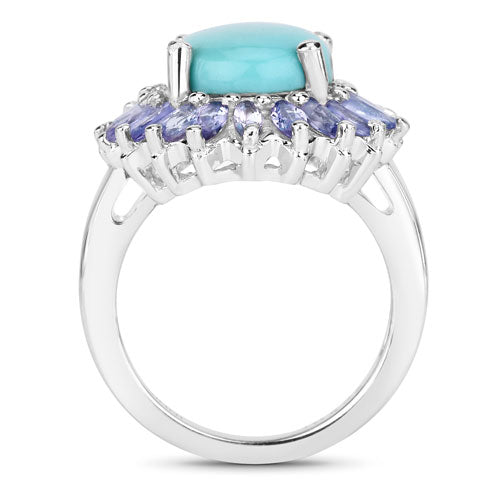 Bids.com 6.10 Carat Genuine Larimar and Tanzanite .925 Sterling Silver Ring Rings White Smoke size 5.00,size 6.00,size 7.00,size 8.00,size 9.00